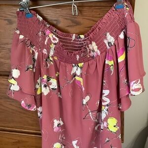 Allison Joy Floral Off-Shoulder Blouse in Dusty Rose with Yellow Accents